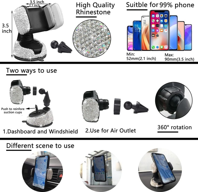 NBTEPEM 27 PCs Bling Car Accessories Set for Women, Steering Wheel Covers Universal Fit 15 Inch, Bling License Plate Frame, Bling Phone Holder, Bling Car Coasters (Silver Diamond) - Image 5